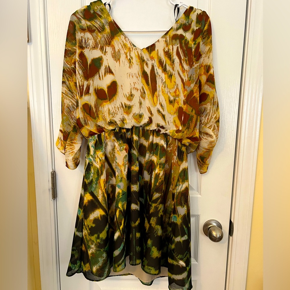 Boho V-Neck Mixed Print Dress in Olive & Mustard
